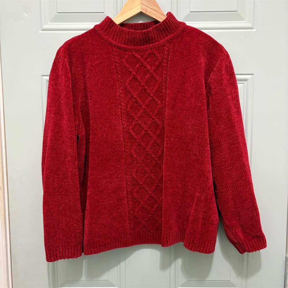 Alfred Dunner Sweater Womens XL Red Chenille Pullover Mock Neck Cable Knit